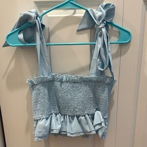 SHEIN Light Blue Smocked Ruffle Tie-Shoulder Crop Top